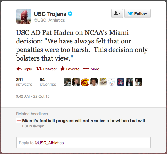 Pat Haden's comments after the absurd Miami sanctions decision.